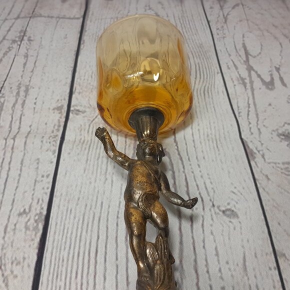 Putti Cherub Angel Votive Candle Holder Cast Metal Amber Glass Bowl 8" - Picture 10 of 13